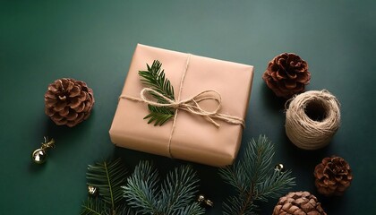 Christmas gift in craft packaging on green background with decorations