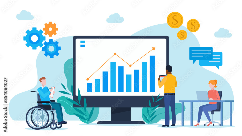 Poster graphics of a employees at the monitor. a graph is displayed on the monitor. an employee in a wheelc