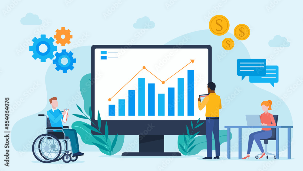 Poster graphics showing employees at the monitor. a graph is displayed on the monitor. an employee in a whe
