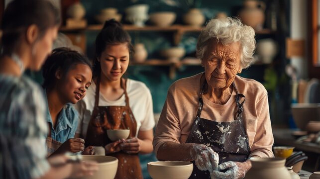 Elderly woman teaching a pottery class to a diverse group of young adults