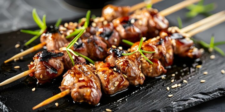 Grilled yakitori skewers with chicken beef vegetables and sweetsavory tare sauce. Concept Chicken Yakitori, Beef Skewers, Vegetable Skewers, Tare Sauce, Sweet-Savory Yakitori