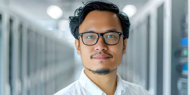 Closeup photo of South Asian IT specialist in server room looking at camera. Concept IT Specialist, South Asian, Server Room, Closeup Portrait, Technology Professional