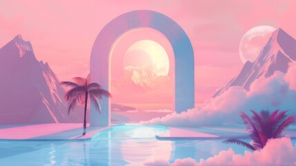 Escapism aesthetic  background.Desert valley with sand dunes and mountains scene. Sunset soft light. Surrealism atmospheric installation of magic pink arch. Loneliness escape feeling.