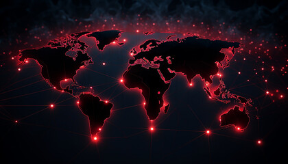 Abstract glowing digital world map with connection points. Dark background with red highlights representing global network connections.