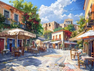 Obraz premium Historic Athens Street SceneClassical Buildings and Busy City Life