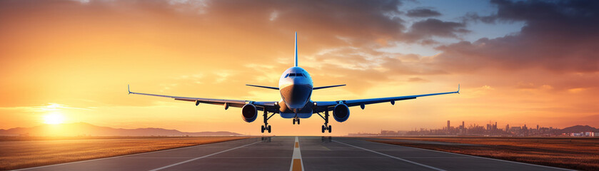 Fototapeta na wymiar Airplane taking off at sunrise with a city skyline in the background, capturing the beauty of aviation and travel.