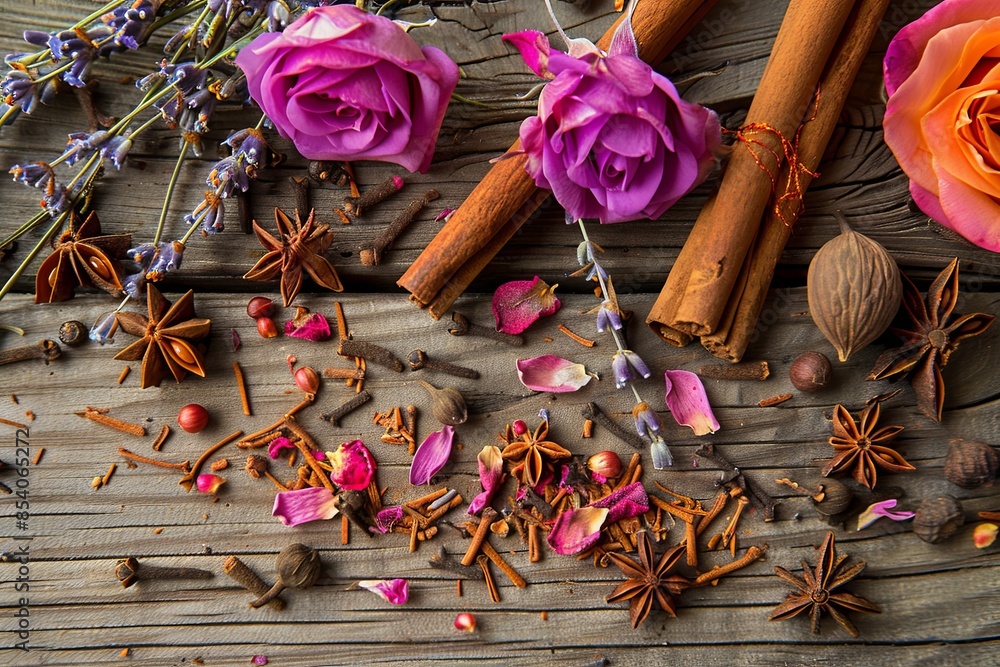 Poster a close-up view of fragrant spices and fresh flowers arranged on a rustic wooden surface. the arrang