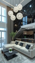 an open-plan living room and kitchen featuring black marble wall panels, a grey sofa, dining table and chairs, and floor-to-ceiling windows with white glass walls.