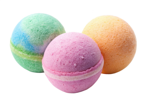 Colorful Bath Bombs In Pastel Shades featuring vibrant green, pink, and yellow bath bombs, perfect for a relaxing and aromatic bath experience. Isolated on transparent background, png.