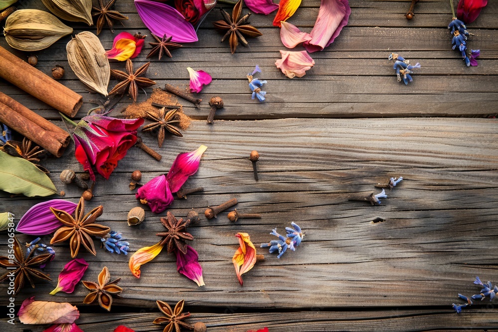 Poster a close-up image showcasing a rustic wooden plank adorned with a captivating arrangement of fragrant