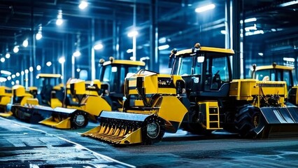 a row of yellow tractors parked inside an industrial facility or warehouse. the topic of discussion is manufacturing, heavy equipment, industrial efficiency or logistics.