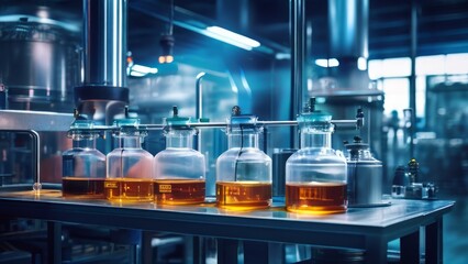 A modern laboratory with various scientific equipment. several glass containers, some filled with orange liquid, others empty. the theme of sterile conditions typical of research facilities.