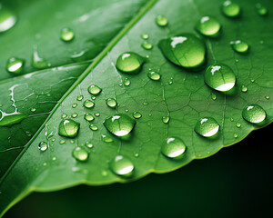 Close-up of fresh green leaf with water droplets, highlighting nature's beauty and freshness with vibrant colors and intricate details.