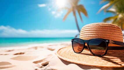 The hat and glasses are on a sandy beach with a clear blue sky, ocean in the distance and palm leaves.The theme emphasizing the relaxed vacation atmosphere.