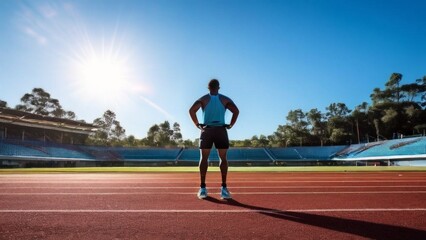 Obraz premium An athlete standing on a treadmill, with his back to the camera, facing the sunny stadium. topics related to sports, determination, fitness and competition.