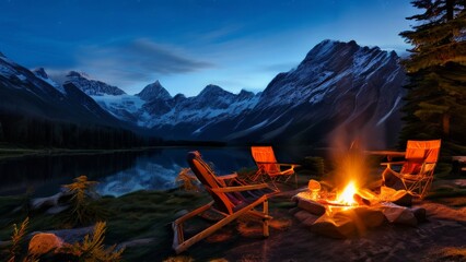 A tranquil landscape at sunset with a campfire in the foreground and two empty chairs facing the lake. a theme of tranquility and natural beauty, suggesting an idyllic vacation in nature