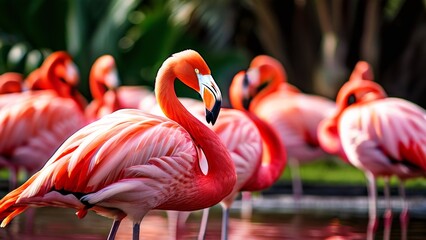 A group of flamingos. a background that contrasts with the greenery and water in their surroundings.