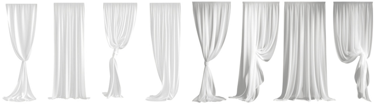 Elegant white sheer curtains bundle, different drapery styles, semi-transparent