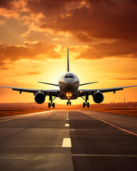 Fototapeta premium Commercial airplane taking off from runway at sunrise with dramatic sky, symbolizing travel, journey, aviation, and adventure.