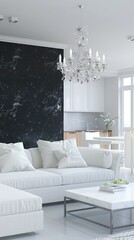 an open-plan living room and kitchen featuring black marble wall panels, a grey sofa, dining table and chairs, and floor-to-ceiling windows with white glass walls.