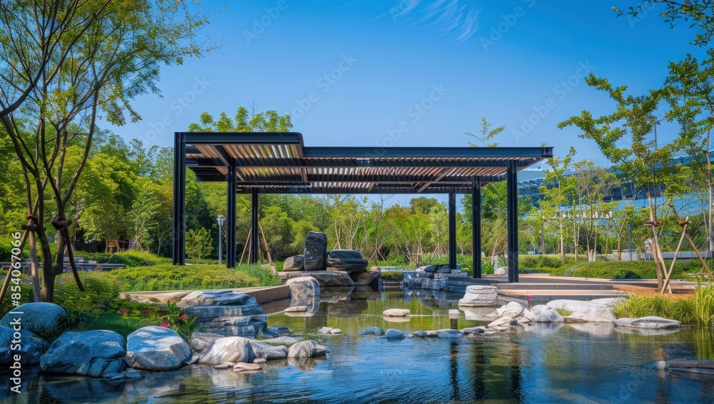 Poster a serene garden with a stone patio and a large canopy. generate ai image