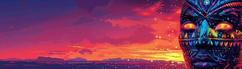 Naklejka premium Vibrant digital artwork of a tribal mask merging with a vivid sunset sky, blending cultural and natural elements in stunning colors.