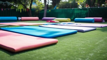 a row of colorful gymnastic mats arranged on green artificial grass. the theme is related to physical activity or sports training,