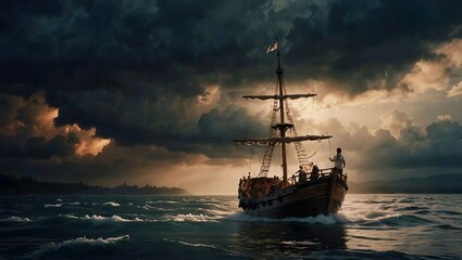 Obraz premium a wooden ship in the sea with cloudy sky and ocean background