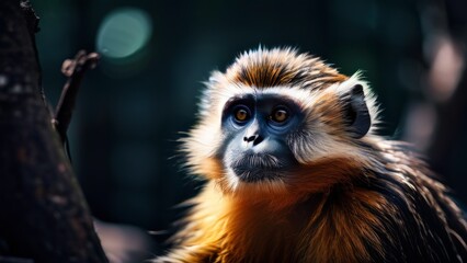 Obraz premium the monkey has white-brown fur, This image could be interesting because of the unique texture and pattern of the fur, but the darkened part limits its potential.