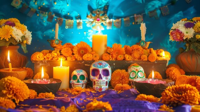 A Day of the Dead altar decorated with marigolds, candles, and sugar skulls. The altar is set against a blue background and features traditional decorations.