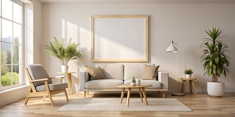 Fototapeta premium A large mockup wall frame for an advertising poster on the wall in a living room in a modern house with high ceilings, view windows and stylish furniture.