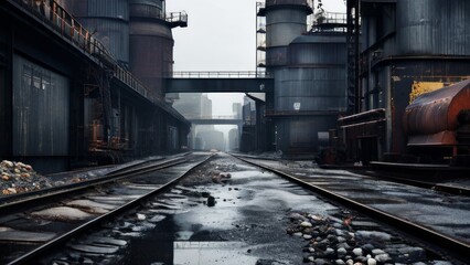 industrial environment, probably a steel mill or similar heavy industry facility. The overall atmosphere is gloomy and overcast.