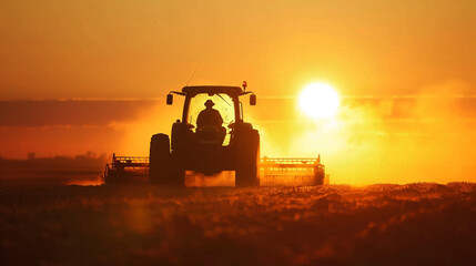 Fototapeta premium Farmer on a tractor plowing a field during a golden sunrise, illustrating early morning agricultural practices and nature's beauty.