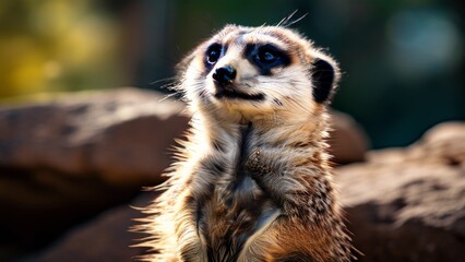 Fototapeta premium a meerkat standing on its hind legs. Its gaze is directed into the distance. The background is blurred, which emphasizes the meerkat's sharp features and the texture of its fur.