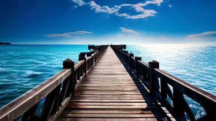 Fototapeta premium A scenic view of a sunset over the ocean. The sky changes color from purple to orange, and a wooden walkway extends from the foreground away to the horizon. At the end of the walkway is a small cabin.