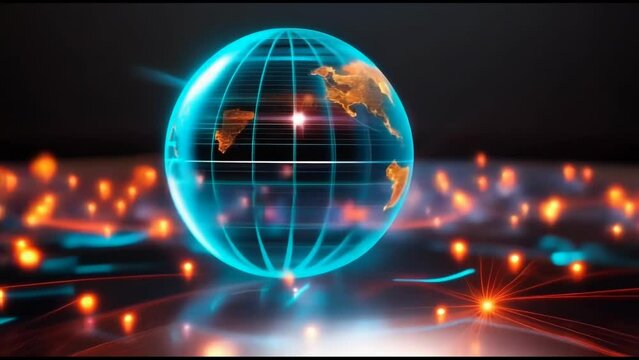 A dynamic visualization of a global digital network, featuring a glowing wireframe globe surrounded by interconnected nodes and lines. This image represents the complexity and connectivity.