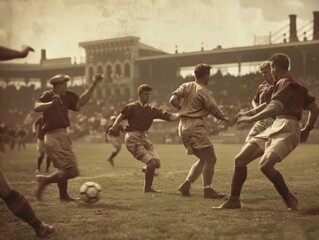 An old-fashioned sepia toned soccer match photographthe 1920s.