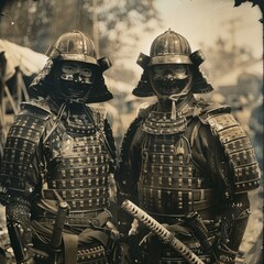 Two Samurai Warriors Standing in Full Armor, Japan, Late 19th Century. Generative AI
