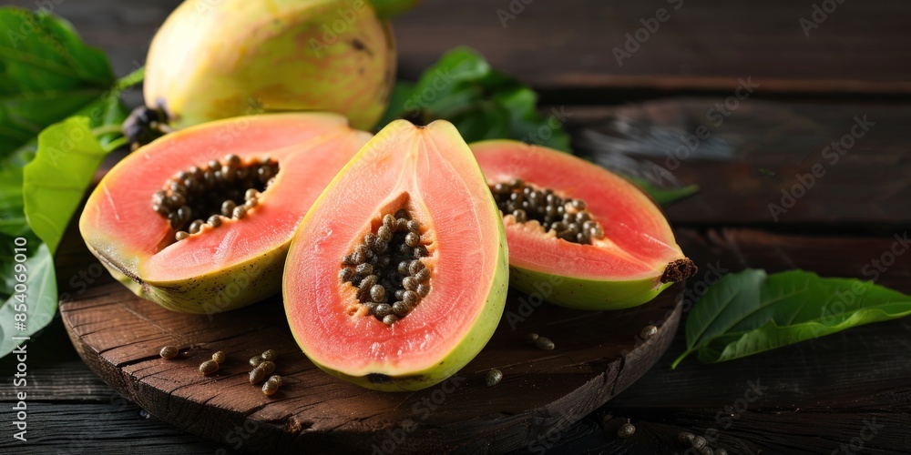 Poster a green and red fruit with a hole in the middle. generate ai image