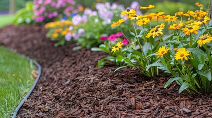 A close-up view of a garden bed with yellow flowers blooming in the foreground, surrounded by brown mulch.