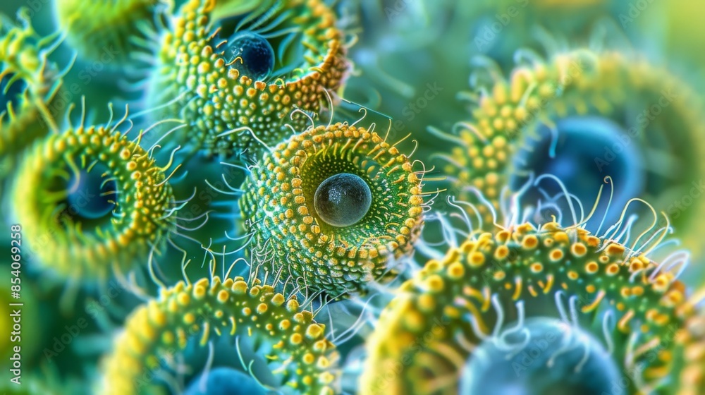Poster A close-up image of green and blue organic shapes with a intricate and detailed texture. The shapes appear to be intertwined and overlapping, creating a complex and visually interesting composition.