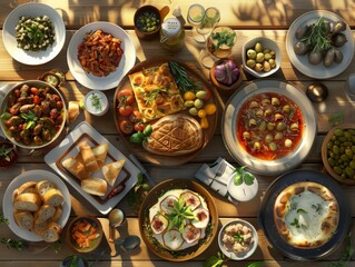Traditional Greek Feast SettingVariety of Delicious Dishes on Table