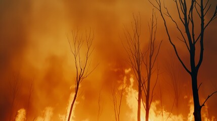 Obraz premium A forest engulfed in flames, showing the devastating effects of wildfires.
