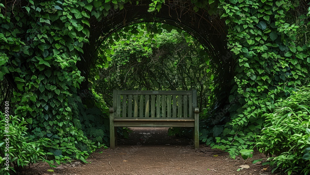 Poster a path with a bench in the middle of it. generate ai image