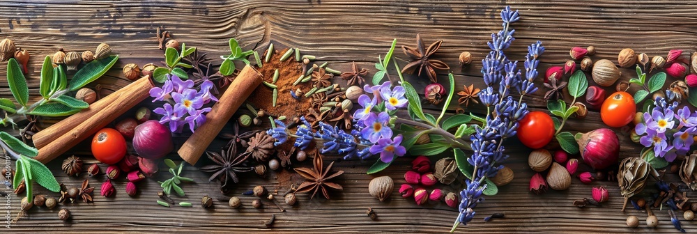 Aufkleber a rustic wooden surface is adorned with a colorful arrangement of fragrant spices and fresh flowers,