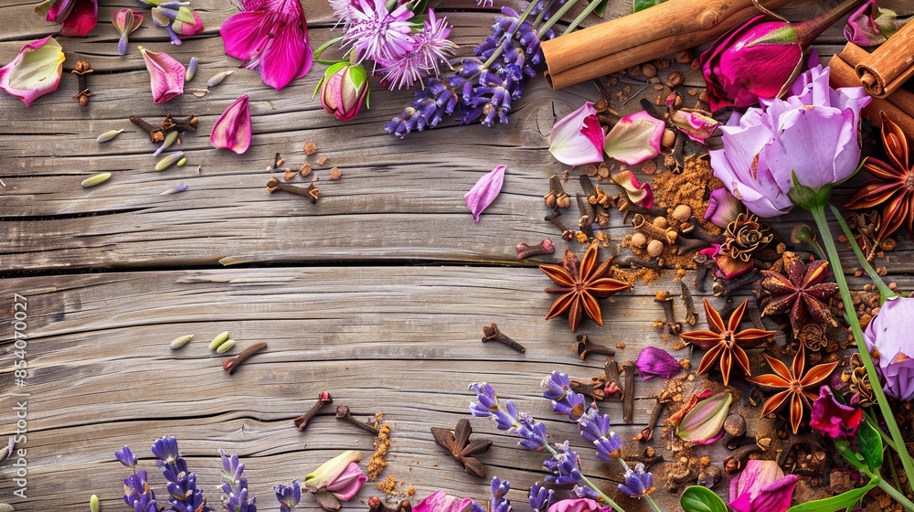 Poster a close-up view of a collection of fragrant spices and fresh flowers arranged on a weathered wooden 