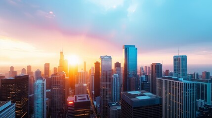 A panoramic view of a city skyline with skyscrapers and a setting sun.