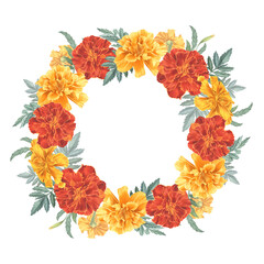 Marigolds, yellow and red buds with greenery. Watercolor illustration. Flower wreath from tagetes. Sempasuchitl for greeting cards, background, packaging, textile. Save the date