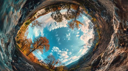 Fisheye lenses creating unique, distorted perspectives, adding a creative touch, with a playful scene of a wide, curved landscape, highlighting their unique view