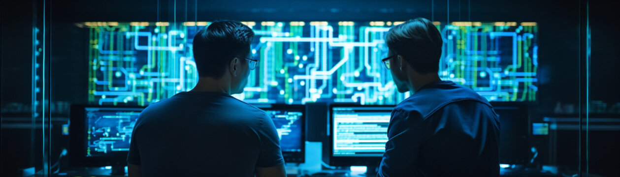 Two IT professionals analyzing computer screens filled with code and data in a dark, futuristic office setup.